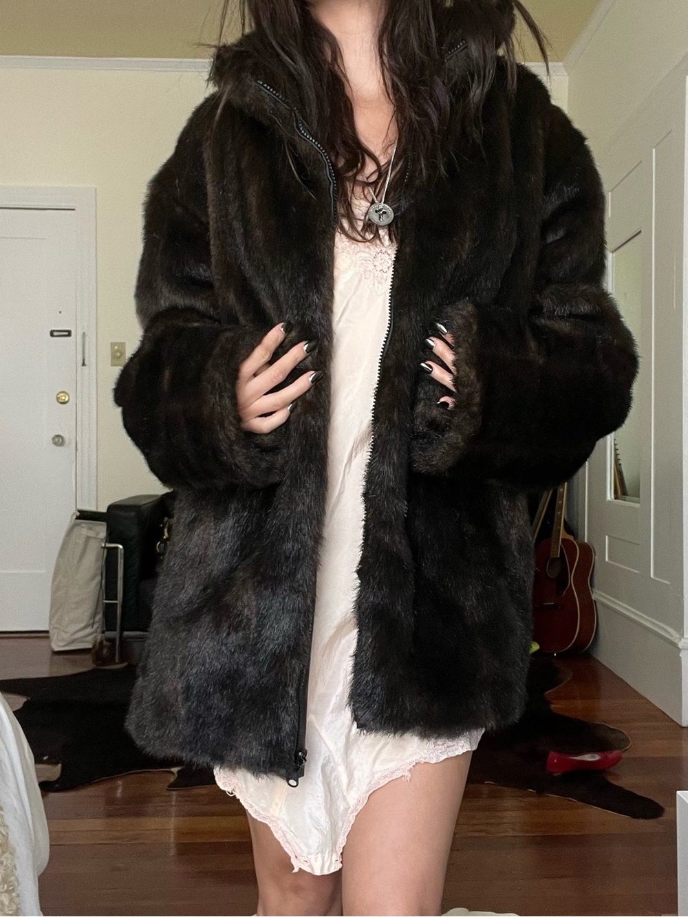 Dark brown faux fur coat with waterproof lining